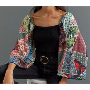 Anthropologie Let Me Be Patchwork Statement Sleeve Smocked Indie Artisan Top XL